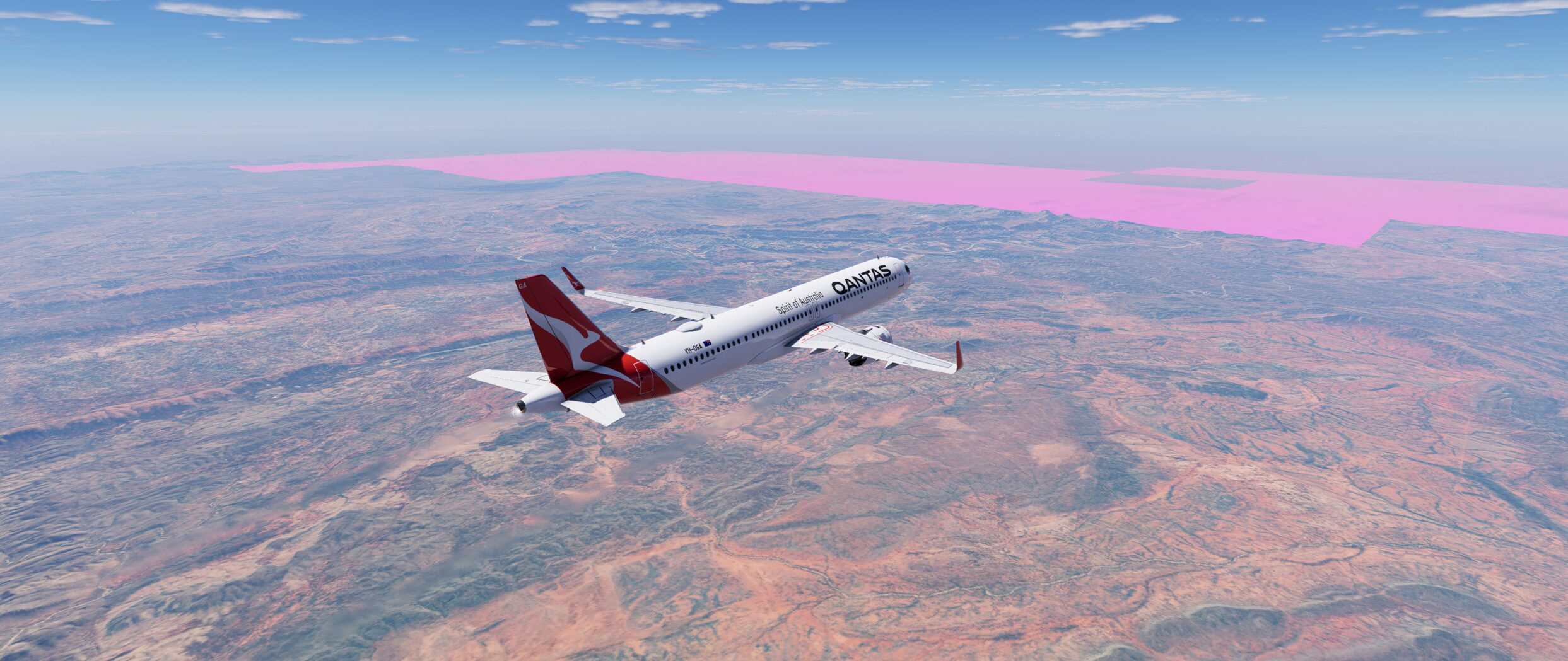 Magenta placeholder tiles ahead of the aircraft