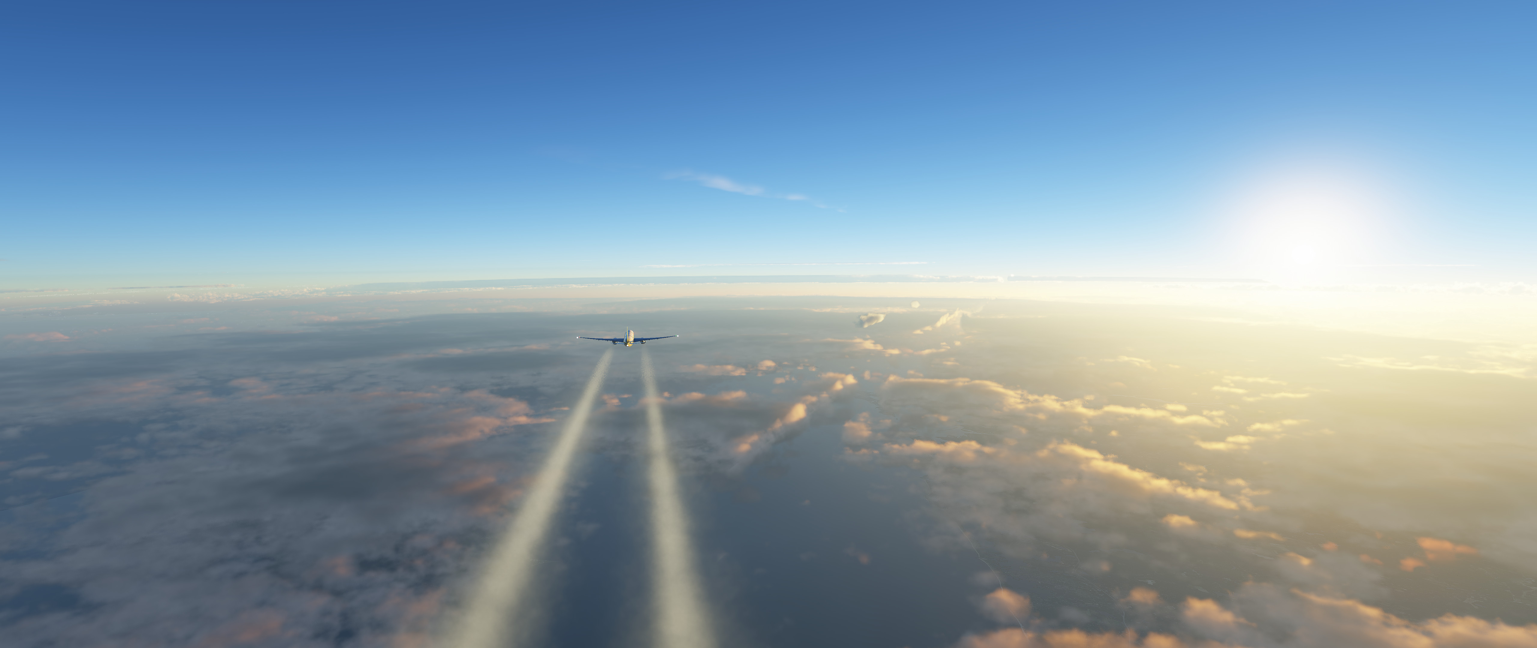 A Boeing 777-300ER in cruise into a low sunset, flying over orthophoto-rendered terrain in X-Plane 12.