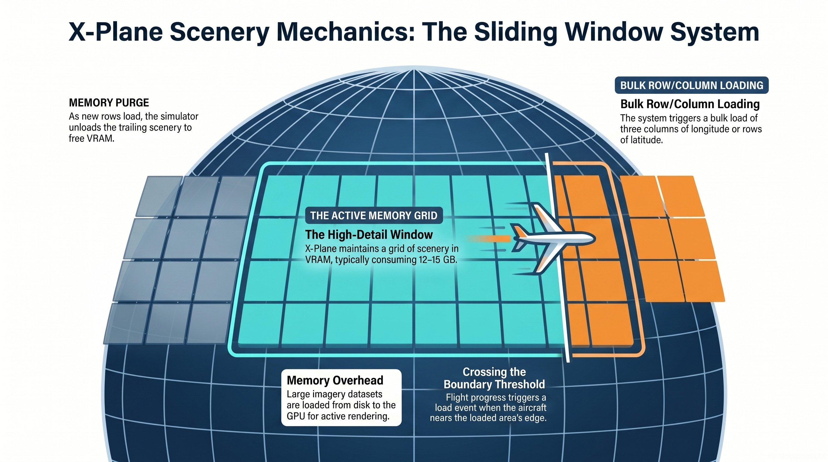 Diagram of X-Plane’s sliding-window scenery loader. A four-by-three grid of one-degree DSF tiles is loaded around the aircraft’s current position. As the aircraft crosses an invisible boundary roughly one degree from the loaded edge, X-Plane loads the next three rows or columns of tiles ahead of it, dropping the tiles furthest behind.